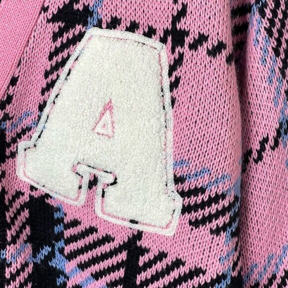 NWT Forever 21 Pink Plaid Academia Letterman Cardigan Sweater - Small - Picture 5 of 8
